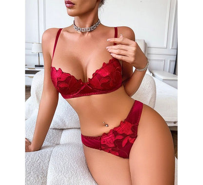 Ensemble lingerie satinée & dentelle florale – Rembourré