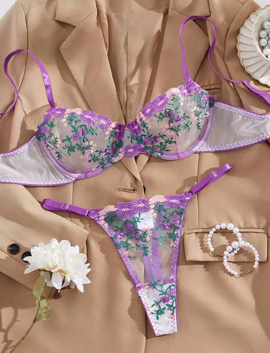 Ensemble de soutien-gorge brodé européen et américain, sous-vêtements fins et sexy, perspective violette