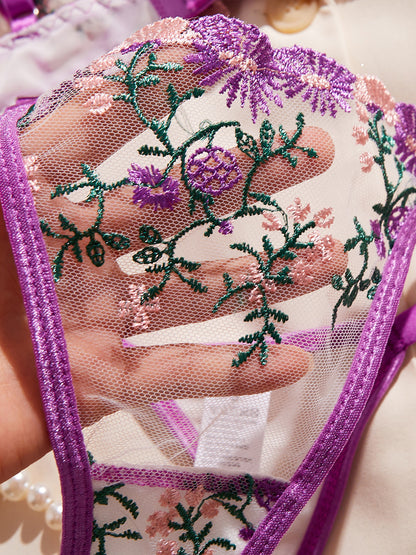 Ensemble de soutien-gorge brodé européen et américain, sous-vêtements fins et sexy, perspective violette